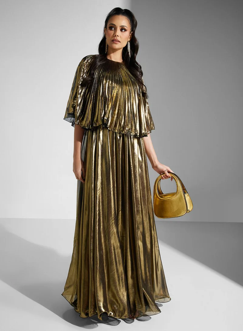 Golden Apple Metallic Pleated Gown Dress