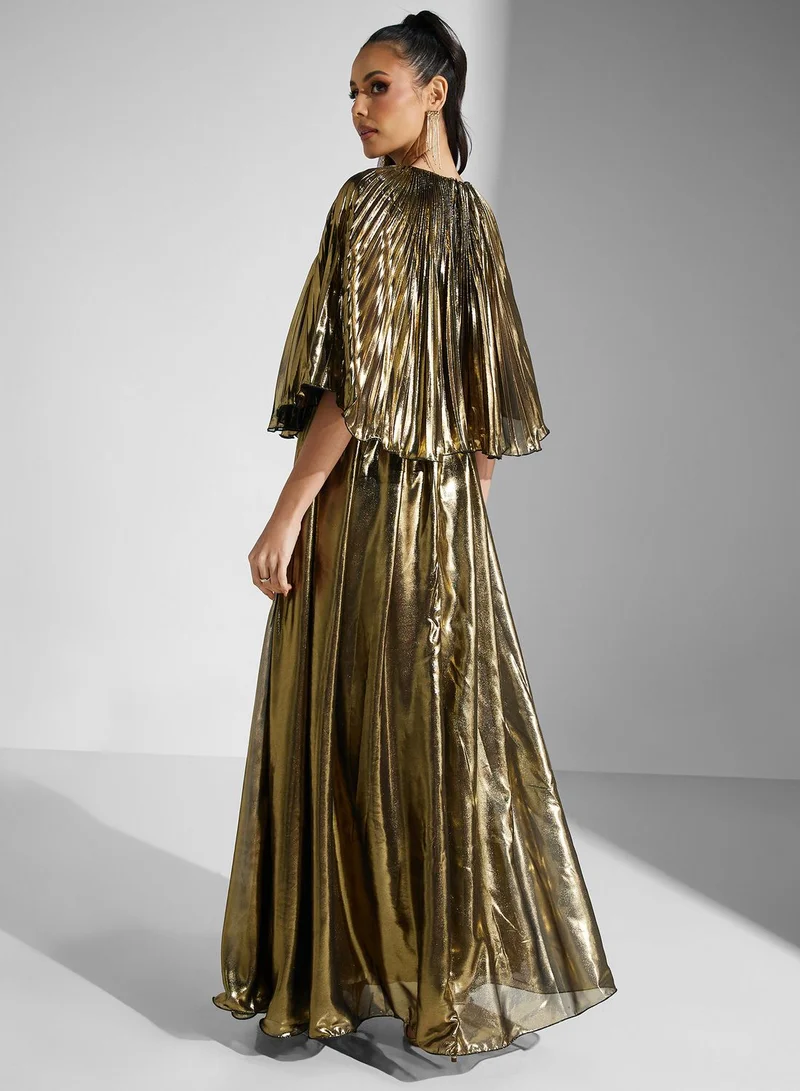 Golden Apple Metallic Pleated Gown Dress