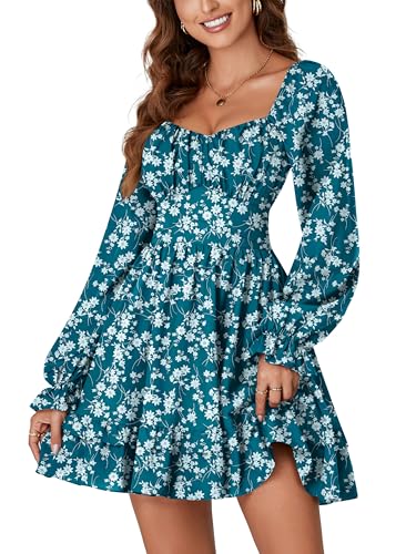 KIFOVEN Women's Print Lantern Long Sleeve Smocked Wrap Tiered Ruffle Flowy A Line Short Mini Dress Dark Blue Flower Small - Image 3