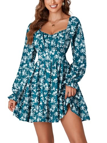 KIFOVEN Women's Print Lantern Long Sleeve Smocked Wrap Tiered Ruffle Flowy A Line Short Mini Dress Dark Blue Flower Small - Image 1