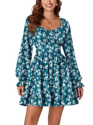 KIFOVEN Women's Print Lantern Long Sleeve Smocked Wrap Tiered Ruffle Flowy A Line Short Mini Dress Dark Blue Flower Small - Image 2