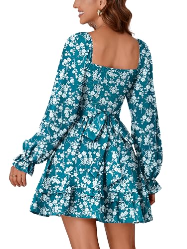KIFOVEN Women's Print Lantern Long Sleeve Smocked Wrap Tiered Ruffle Flowy A Line Short Mini Dress Dark Blue Flower Small - Image 5