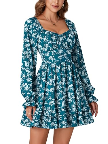 KIFOVEN Women's Print Lantern Long Sleeve Smocked Wrap Tiered Ruffle Flowy A Line Short Mini Dress Dark Blue Flower Small - Image 4
