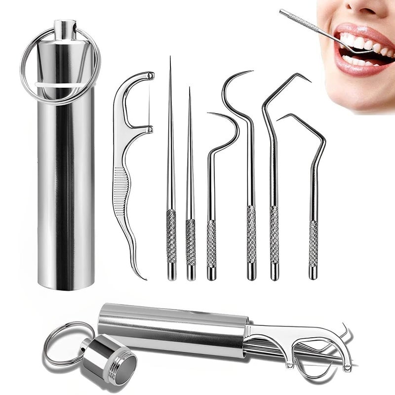 KLIVE Dental- Tools, 7 in 1 Stainless Steel Teeth Cleaning Tool Kit, Dental Hygiene Kit Toothpicks Cleaning Picks Flosser for Teeth Braces Cleaning Tools (1pcs) - Image 1
