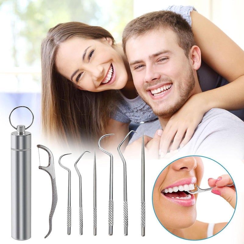 KLIVE Dental- Tools, 7 in 1 Stainless Steel Teeth Cleaning Tool Kit, Dental Hygiene Kit Toothpicks Cleaning Picks Flosser for Teeth Braces Cleaning Tools (1pcs) - Image 3