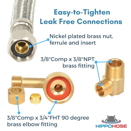 Hippohose Dishwasher Water Hose Kit (10 FT) - Universal Fit to All Dishwasher Brands - Braided SS Dishwasher Water Supply Line - 3/8" Comp x 3/8" Elbow & All Fittings Included - Image 4