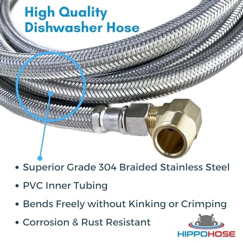 Hippohose Dishwasher Water Hose Kit (10 FT) - Universal Fit to All Dishwasher Brands - Braided SS Dishwasher Water Supply Line - 3/8" Comp x 3/8" Elbow & All Fittings Included - Image 3