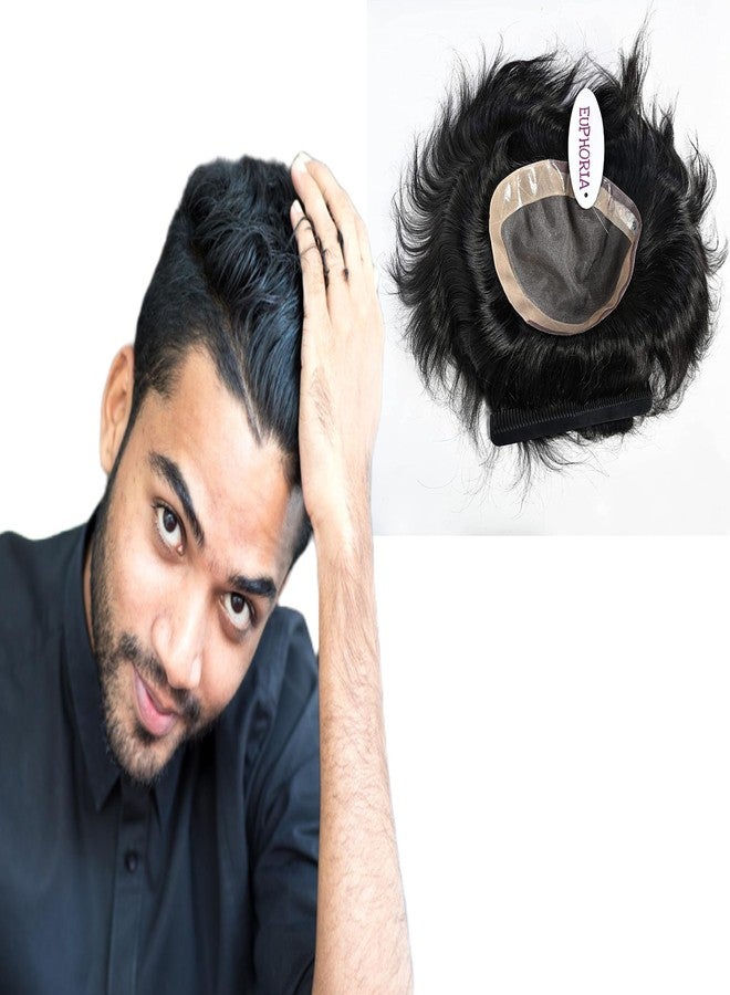 EUPHORIA® 10x7 Original FINE R MONO Hair Patch for Men 100% Natural Black Human Hair Wig Install with Hair Toupee Tape, Clips or Glue - Image 1