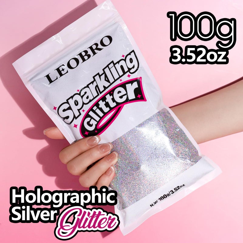 LEOBRO 100g / 3.5 oz Silver Glitter, Holographic Fine Glitter for Crafts, Resin, DIY Jewelry Keychains Flowers Party Decorations, Holographic Silver - Image 2