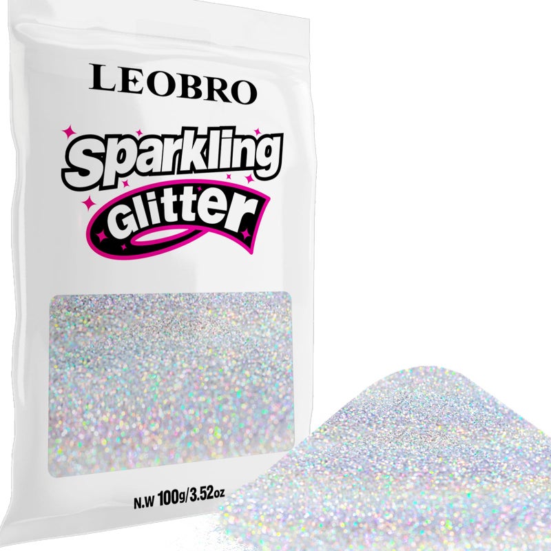 LEOBRO 100g / 3.5 oz Silver Glitter, Holographic Fine Glitter for Crafts, Resin, DIY Jewelry Keychains Flowers Party Decorations, Holographic Silver - Image 1