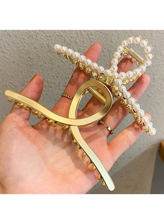 DIUEWOW Large Metal Hair Claw For Women With Pearls 4.3 Inch Nonslip Hair Clips Thick Hair Threaded Gold Claw Clips Shining Strong Crab Claws Cross Hair Barrettes 2 Pack (Matte Gold+Pearl Gold ) - Image 1