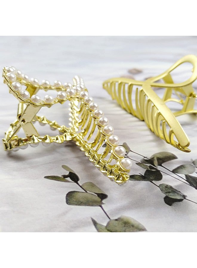DIUEWOW Large Metal Hair Claw For Women With Pearls 4.3 Inch Nonslip Hair Clips Thick Hair Threaded Gold Claw Clips Shining Strong Crab Claws Cross Hair Barrettes 2 Pack (Matte Gold+Pearl Gold ) - Image 5