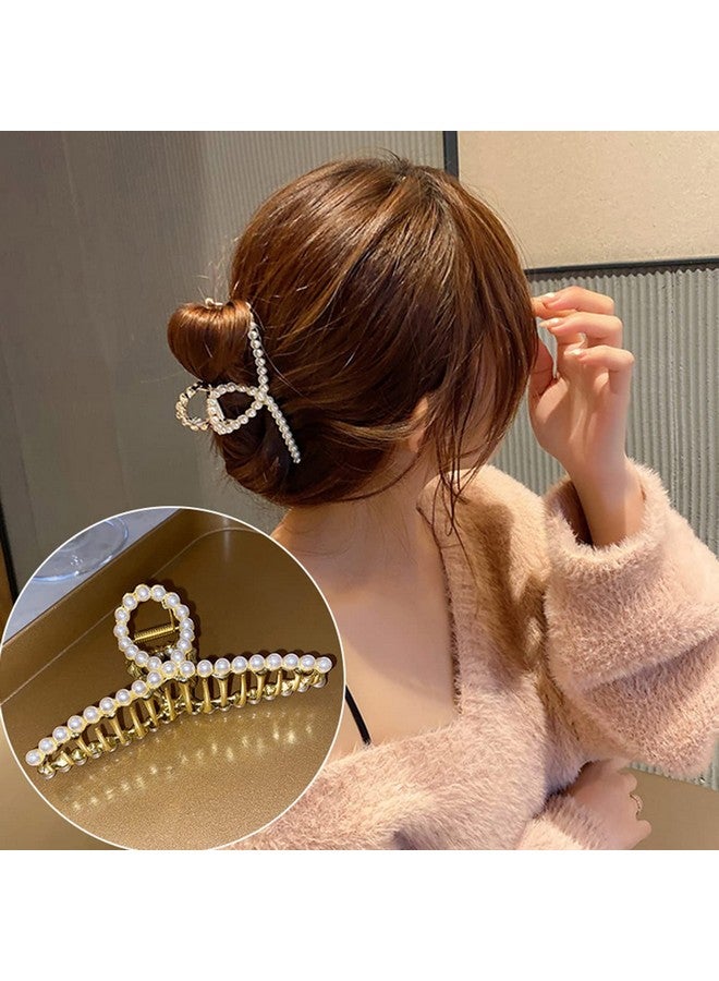 DIUEWOW Large Metal Hair Claw For Women With Pearls 4.3 Inch Nonslip Hair Clips Thick Hair Threaded Gold Claw Clips Shining Strong Crab Claws Cross Hair Barrettes 2 Pack (Matte Gold+Pearl Gold ) - Image 3