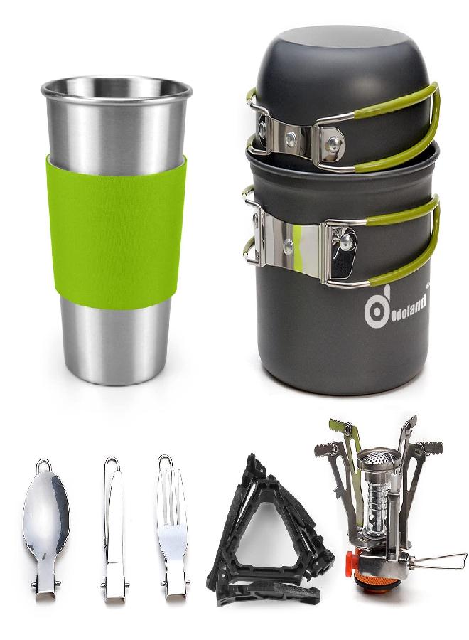 Odoland Camping Cookware Stove Carabiner Canister Stand Tripod And Stainless Steel Cup, Tank Bracket, Fork Spoon Kit For Backpacking, Outdoor Camping Hiking And Picnic,Green - Image 1