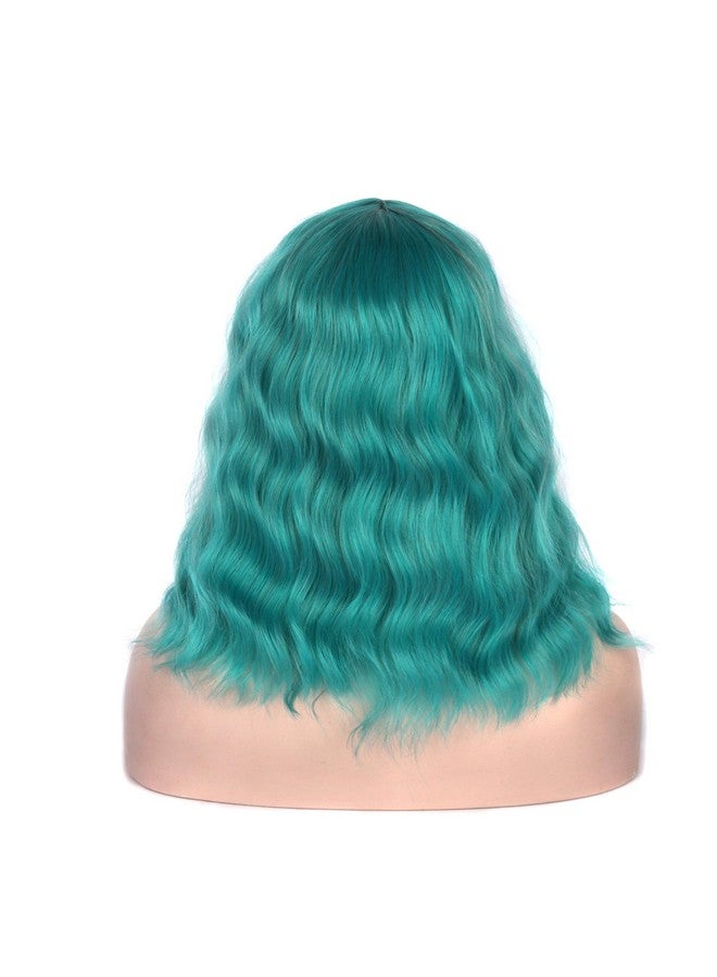 Short Wavy Bob Wigs Middle Part Curly Hair Cute Wigs Shoulder Length Synthetic Heat Resistant Short Wigs For Women Colorful Costume Bob Cosplay Wig For Girl (Dark Turquoise)