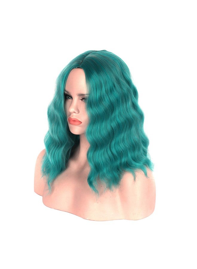 Short Wavy Bob Wigs Middle Part Curly Hair Cute Wigs Shoulder Length Synthetic Heat Resistant Short Wigs For Women Colorful Costume Bob Cosplay Wig For Girl (Dark Turquoise)