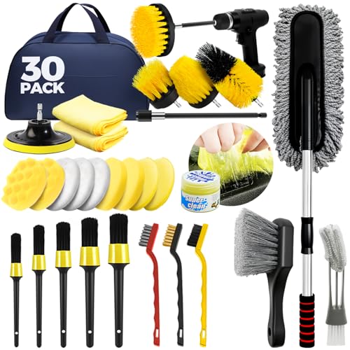 ALFLOD 30Pcs Car Detailing Kit Car Detailing Brush Set Car Wash Cleaning Kit Car Dusters Extendable Handle Cleaning Exterior Car Cleaning Gel Car Cleaning Tools Kit for Interior Exterior Wheels - Image 1