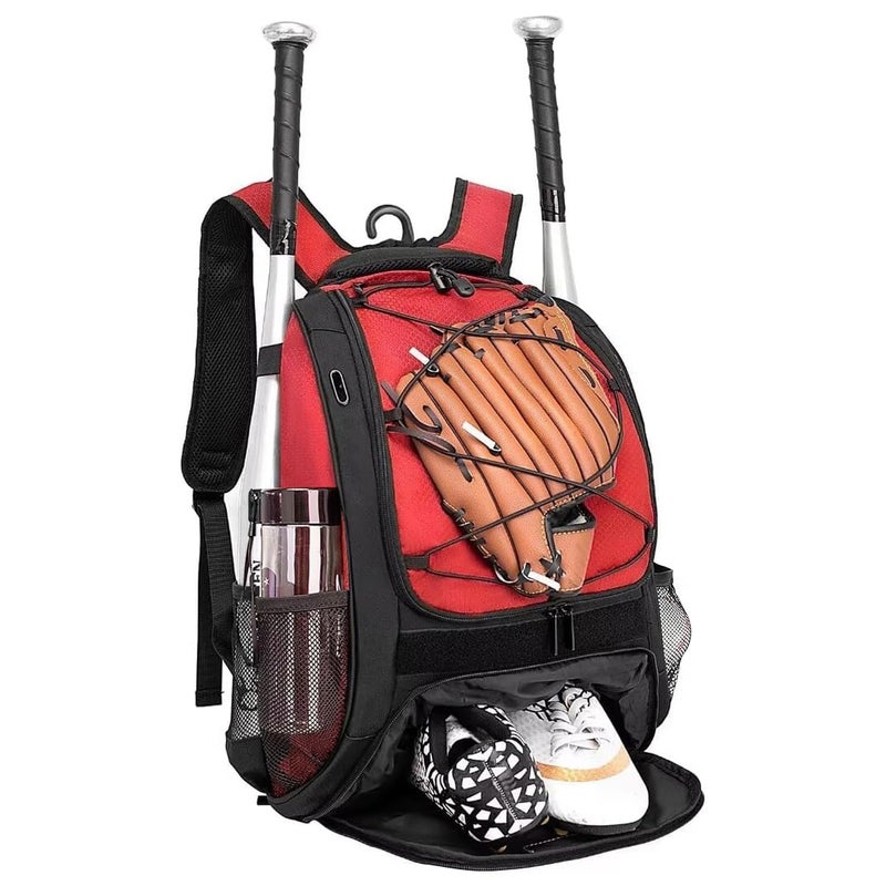 DAFISKY Baseball Bag Softball Backpack - Youth Adult T Ball Bat Equipment Bag with Bat and Helmet Holders, Shoe Compartment and Hook, Red - Image 1