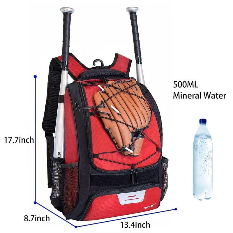 DAFISKY Baseball Bag Softball Backpack - Youth Adult T Ball Bat Equipment Bag with Bat and Helmet Holders, Shoe Compartment and Hook, Red - Image 2