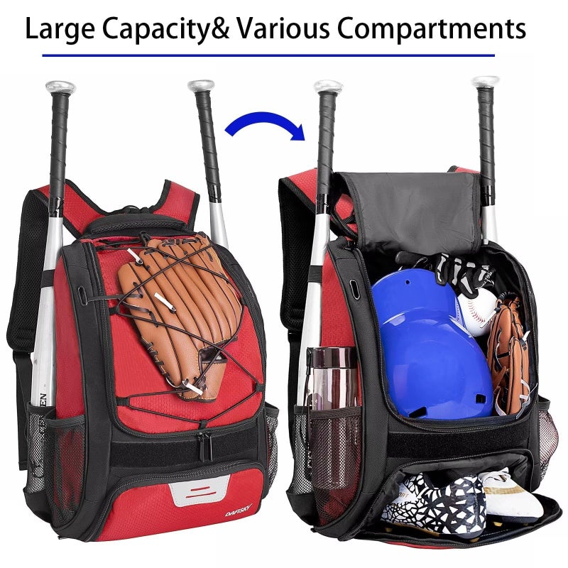 DAFISKY Baseball Bag Softball Backpack - Youth Adult T Ball Bat Equipment Bag with Bat and Helmet Holders, Shoe Compartment and Hook, Red - Image 3