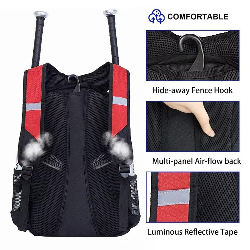 DAFISKY Baseball Bag Softball Backpack - Youth Adult T Ball Bat Equipment Bag with Bat and Helmet Holders, Shoe Compartment and Hook, Red - Image 5