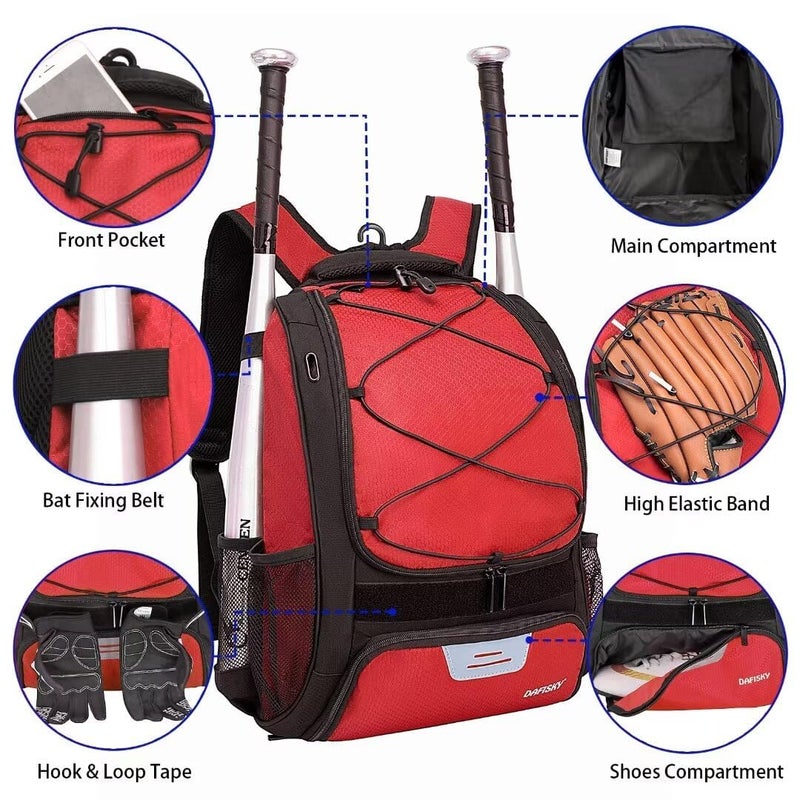 DAFISKY Baseball Bag Softball Backpack - Youth Adult T Ball Bat Equipment Bag with Bat and Helmet Holders, Shoe Compartment and Hook, Red - Image 4