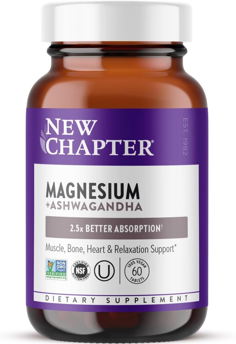 New Chapter Magnesium  Ashwagandha Supplement 325 mg with Magnesium Glycinate 25x Absorption Muscle Recovery Heart  Bone Health Calm  Relaxation Gluten Free NonGMO  60 ct 2 Month Supply - Image 1