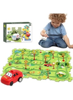 GGEROU 25Pcs Jigsaw Puzzle Track Car set,Puzzle Racer Kids Car Track Set,for Kids Games Gift Green  - Image 1
