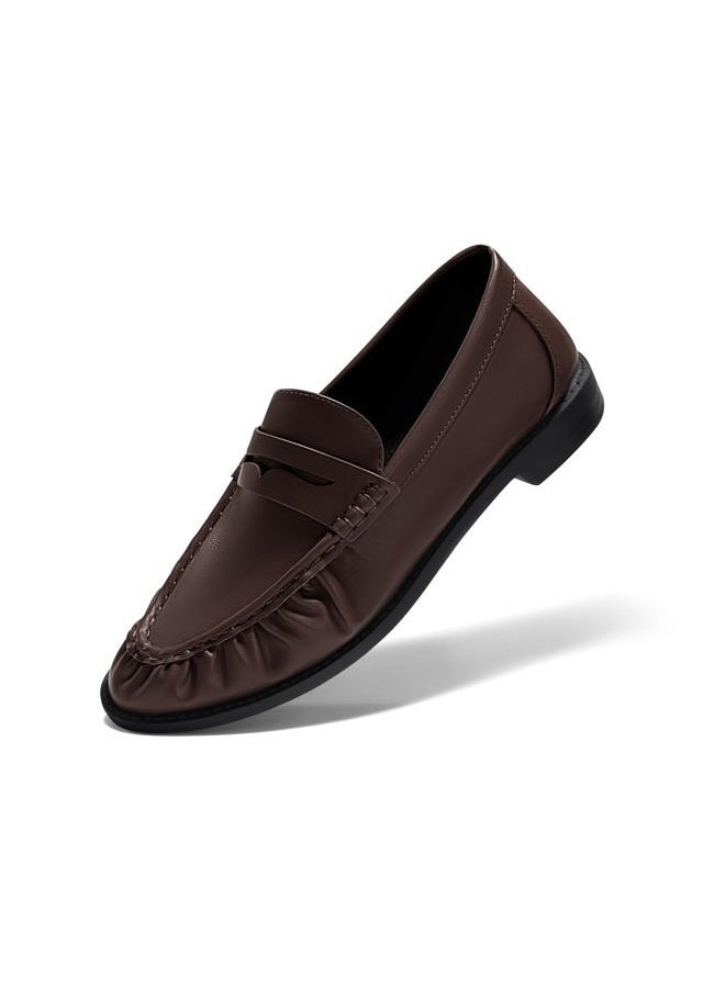 Coutgo Penny Loafers for Women Comfortable Slip on Shoes Collapsible Heel Closed Toe Dressy Casual Work Flats, Chocolate Pu, 10 - Image 1