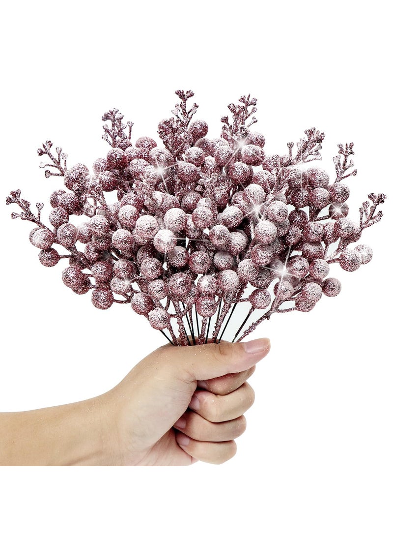 Kesywale 16 Pieces Artificial Glitter Berries Stems  8-Inch Frosted Christmas Picks Berry Sprays Twig Glitter Holly Berry Branches for Xmas Tree Fillers Ornaments  Wreath  Crafts  Home Holiday Decor (Pink)  - Image 1