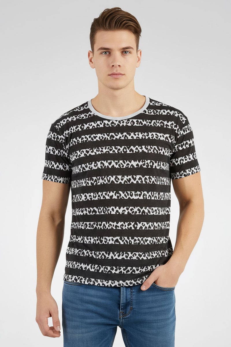 Saint Laurent Men Round Neck Short Sleeve Animal Print Stripe T-Shirt, Black - Image 1