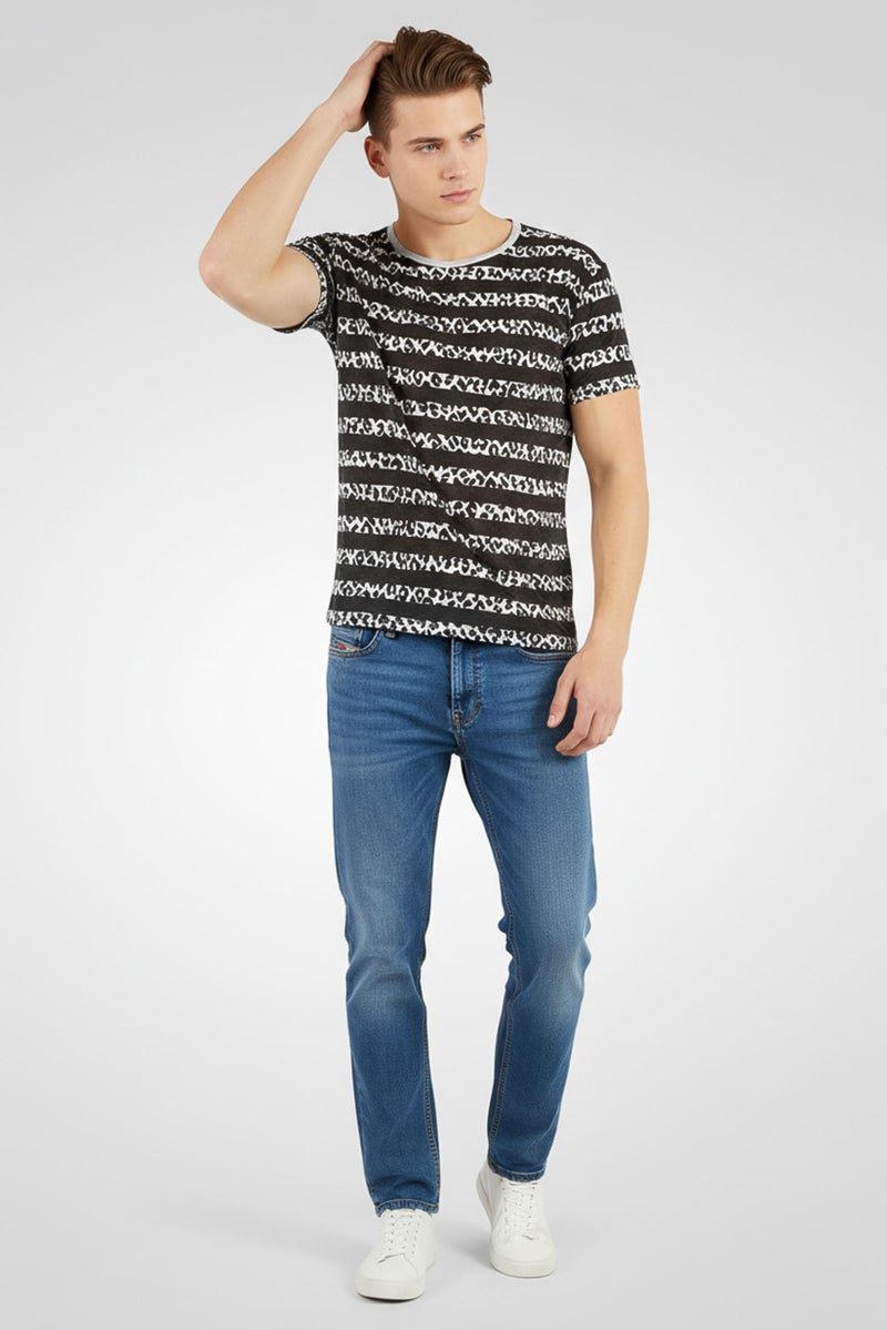 Saint Laurent Men Round Neck Short Sleeve Animal Print Stripe T-Shirt, Black - Image 3