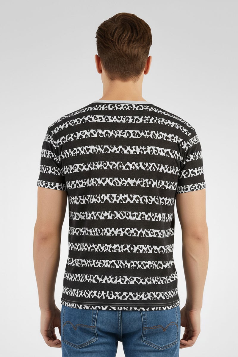 Saint Laurent Men Round Neck Short Sleeve Animal Print Stripe T-Shirt, Black - Image 2