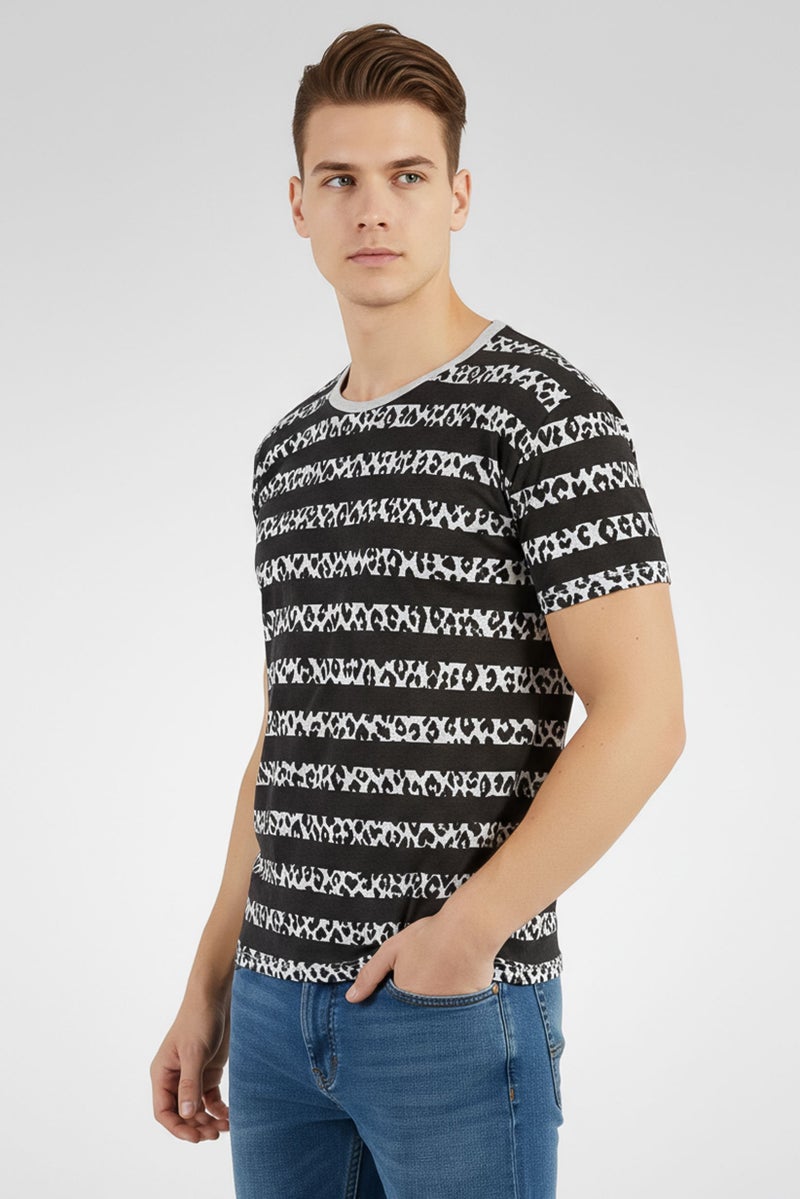 Saint Laurent Men Round Neck Short Sleeve Animal Print Stripe T-Shirt, Black - Image 4