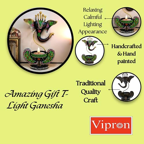 Vipron Iron T Light Ganesh Candle Holder for Home Decor Set of 2 (Black Blue) - Image 3