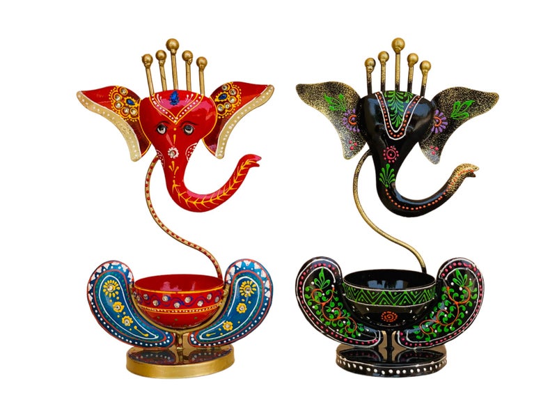 Vipron Iron T Light Ganesh Candle Holder for Home Decor Set of 2 (Black Blue) - Image 5