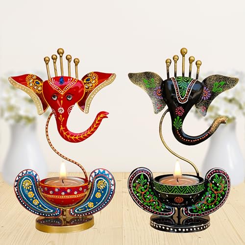 Vipron Iron T Light Ganesh Candle Holder for Home Decor Set of 2 (Black Blue) - Image 1