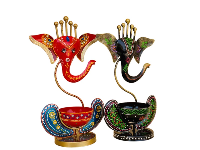 Vipron Iron T Light Ganesh Candle Holder for Home Decor Set of 2 (Black Blue) - Image 4