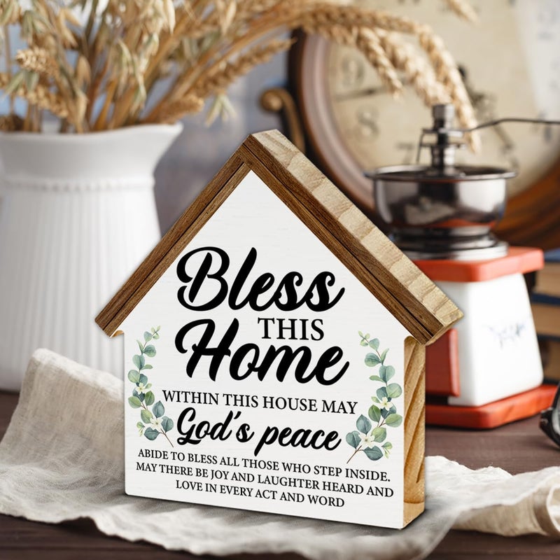 CIANMGD Housewarming Gifts, Christian Decor, Bless This Home House Shaped Wooden Block Sign for Living Room, Desk, Table, Shelf - New Home Owner Gift - Image 4