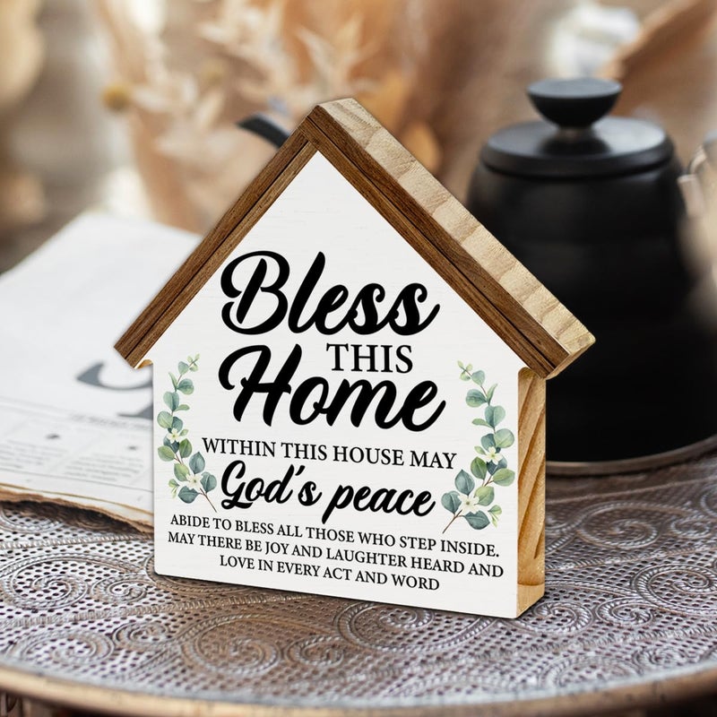 CIANMGD Housewarming Gifts, Christian Decor, Bless This Home House Shaped Wooden Block Sign for Living Room, Desk, Table, Shelf - New Home Owner Gift - Image 3
