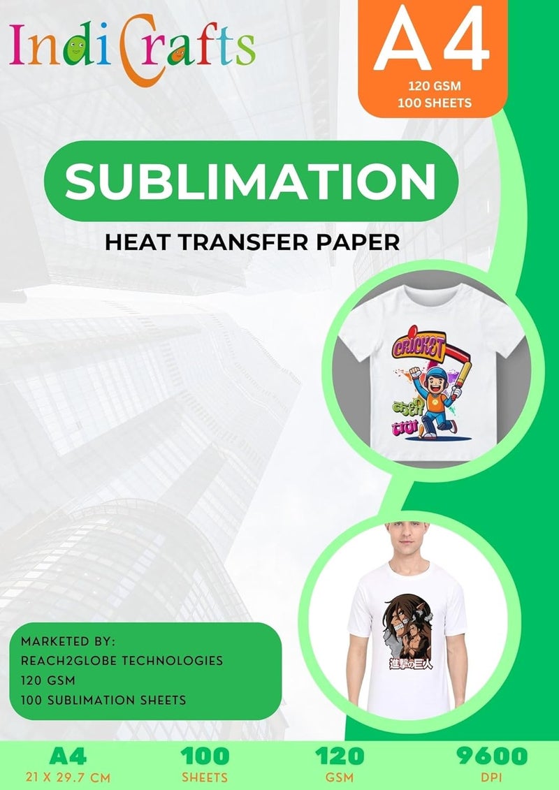 IndiCrafts Instant Dry Sublimation Heat Transfer Paper 120GSM A4 Size. (100 Sheets Each packet Total 200 Sheets) (Pack of 2) - Image 1