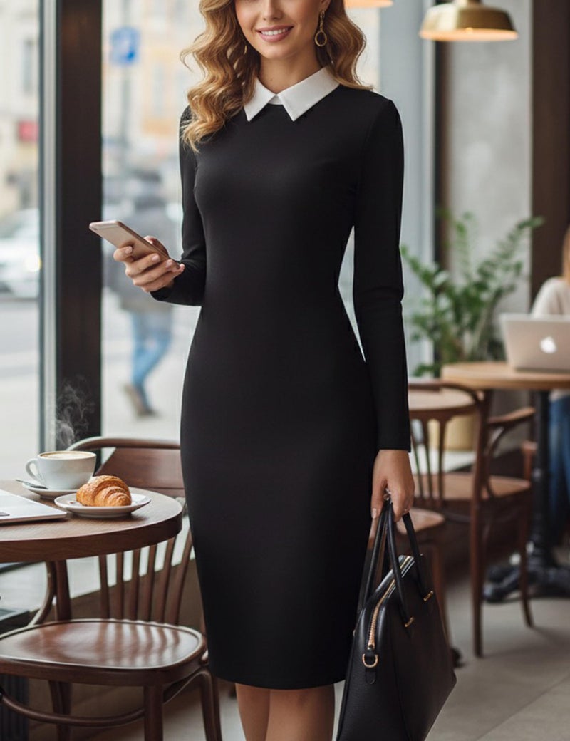 Aphratti Women's Long Sleeve Peter Pan Collar Wear to Work Business Office Wear Outfits Classy Midi Sheath Dress Black01 Medium - Image 2