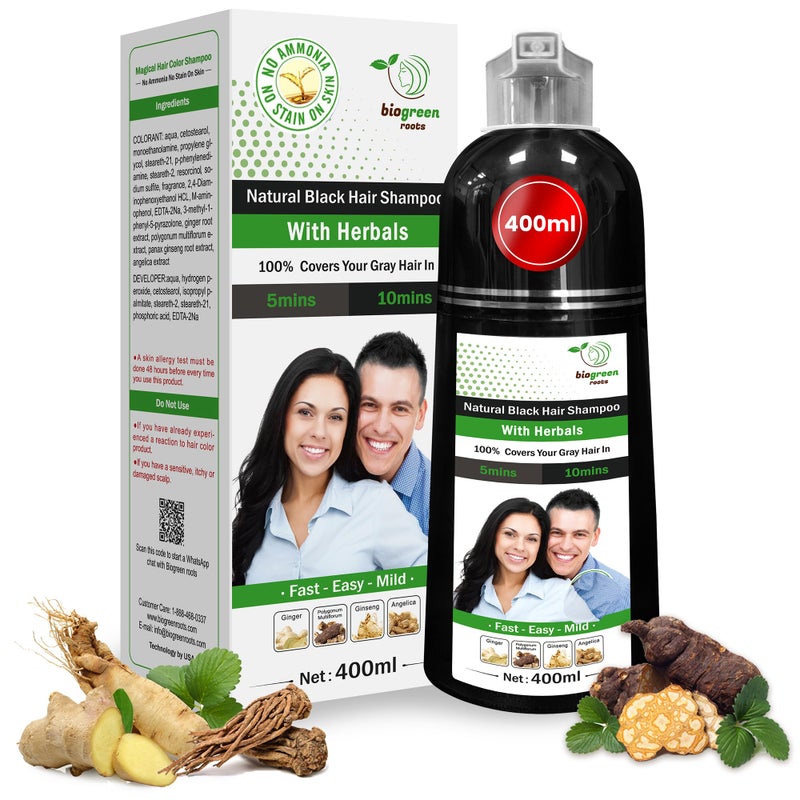 BIOGREEN ROOTS Ammonia-Free Herbal Hair Shampoo - Effectively Covers Gray Hair for Men and Women - Natural Color and Herbal Nourishment - No Stain on Skin - Natural Black (400 ml) - Image 1