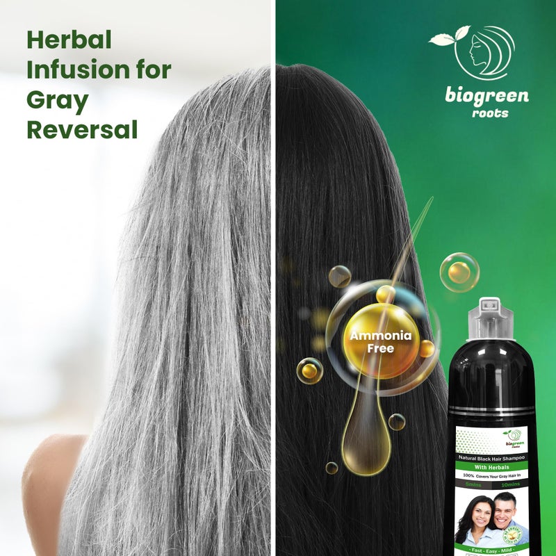 BIOGREEN ROOTS Ammonia-Free Herbal Hair Shampoo - Effectively Covers Gray Hair for Men and Women - Natural Color and Herbal Nourishment - No Stain on Skin - Natural Black (400 ml) - Image 5