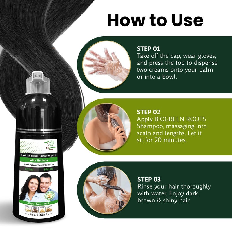 BIOGREEN ROOTS Ammonia-Free Herbal Hair Shampoo - Effectively Covers Gray Hair for Men and Women - Natural Color and Herbal Nourishment - No Stain on Skin - Natural Black (400 ml) - Image 3