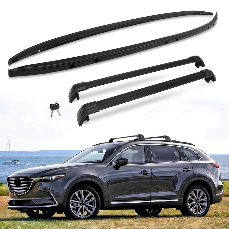 SNIXWOO Lockable Cross Bars Roof Rails Fit for Mazda CX9 CX9 20162023 Aluminum Alloy Set of 4 with 2 Roof Racks and 2 Side Rails Clamp on