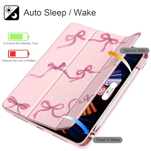 May Chen for iPad Pro 11 inch M2 4th Generation 2022, iPad Pro 11 3rd/2nd/1st Gen, Case with Transparent Shockproof Back Cover [Built-in Pencil Holder, Auto Sleep/Wake, Bows Pink - Image 3