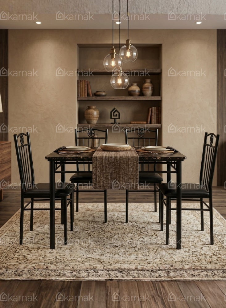 كرنك طقم طاولة طعام كارناك سوريل 4 مقاعد | طاولة بإطار معدني وسطح بطابع رخامي، تصميم عصري للمطبخ وغرفة الطعام باللون الأسود - Image 2