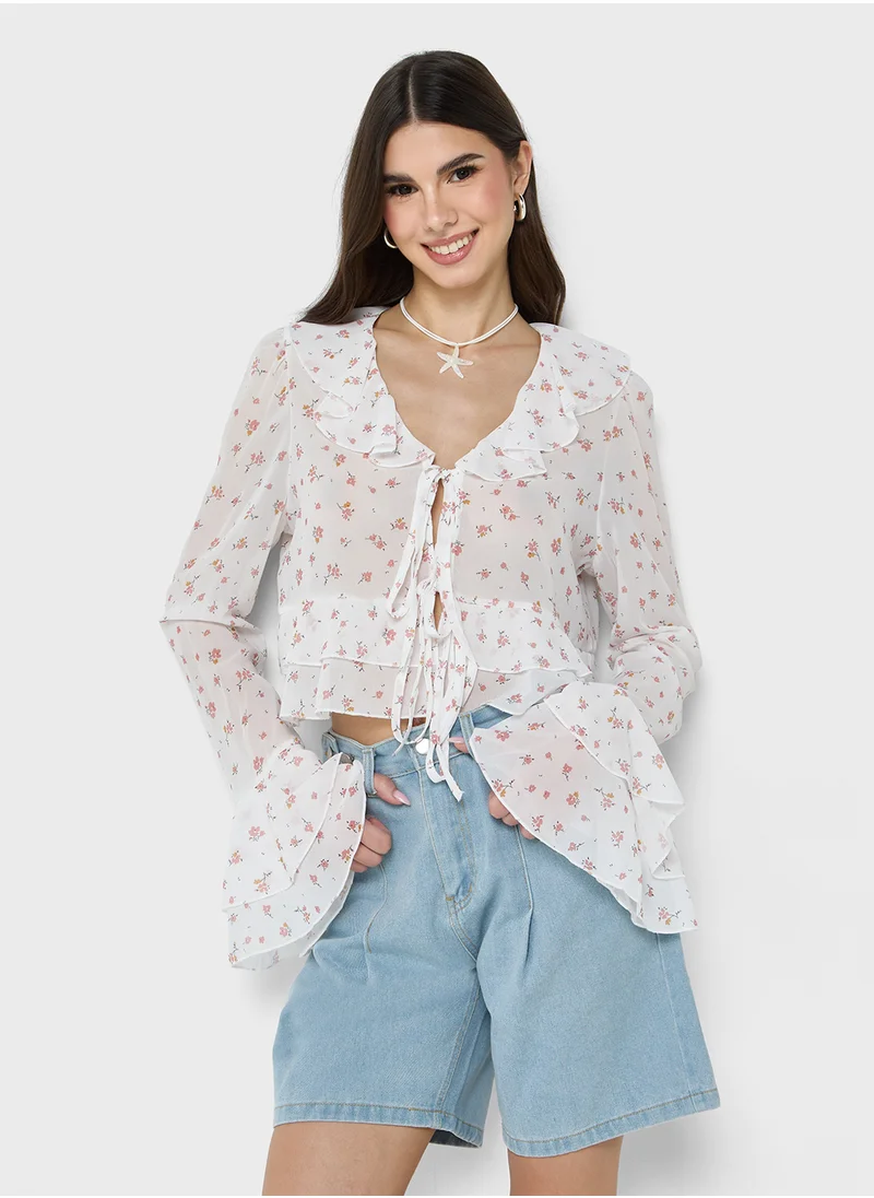 جينجر Ditsy Floral Print Ruffle Detail Blouse