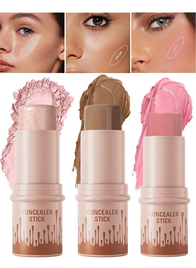 HelloKiss 3 Colors Combination Concealer Sticks Kit, Contour Highlighter Blush Makeup Set Blusher Bronzer Highlighting Sticks For Cheek Long Lasting Smooth Natural Face Contouring Illuminator  - Image 1